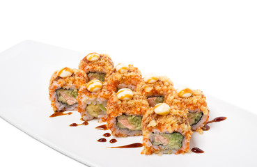 American warm crunch roll sushi.