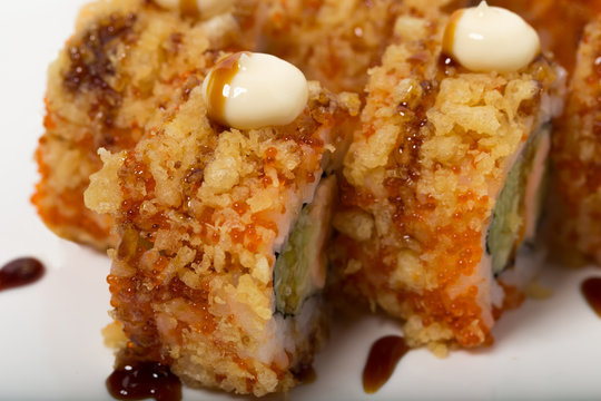 American warm crunch roll sushi.