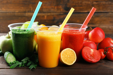 Fresh juice mix fruit, healthy drinks on wooden background