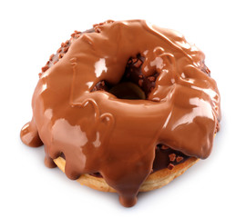 Delicious baked doughnut with melted chocolate topping, isolated on white