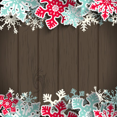 Christmas background with dark wood and snowflakes, winter concept, illustration