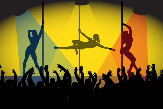 Pole Dancing Girls And Crowd