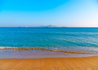 the beautiful long sandy beach at Chelona cape near Kardamaina village at Kos island in Greece