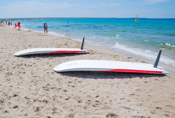 windsurfers surfboards on the beach