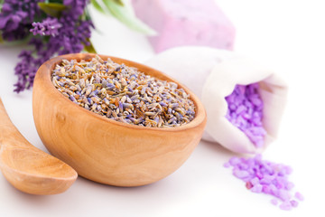 Lavender dry flowers, bath salt isolated on white background