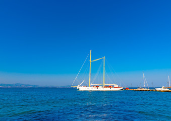 beautiful big old sailing boat docked at the port of Kos island in Greece