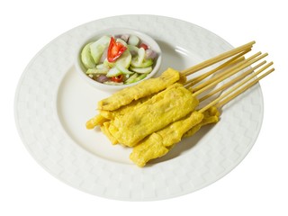 Grilled Pork Satay with Cucumber Salad on White Background