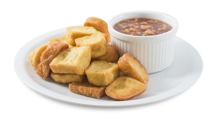 Fried Tofu Served With Sweet Sauce on White Background