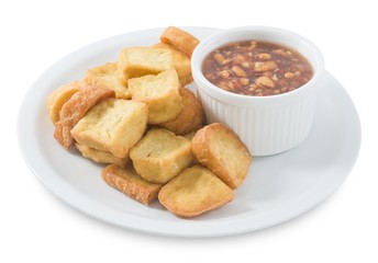 Fried Tofu Bubble With Sweet Sauce on White Background
