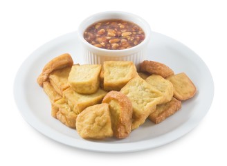 Fried Tofu Bubble With Sweet Sauce on White Background