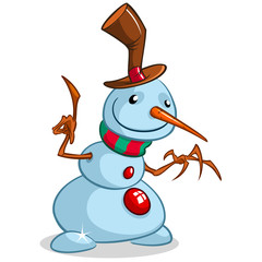 Christmass snowman with hat and striped scarf isolated on white background. Vector illustration