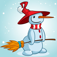 Christmass snowman with hat and striped scarf holding broomstick  isolated on snowy background. Vector illustration