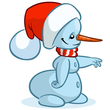Christmas snowman with santa hat and striped scarf isolated on white background. Vector illustration