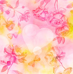 Pink and golden valentine card with watercolor flowers and butterflies