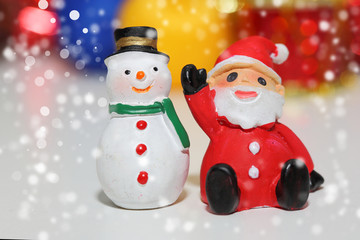 Christmas background, close up of snow man and santa clause on s