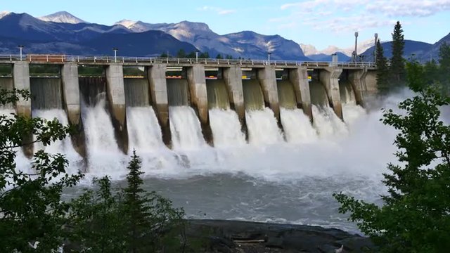 Hydroelectric power dam, wide shot, Kananaskis Dam on the Bow River, Alberta, Canada