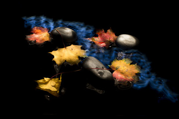 Bunte Herbstblätter eines Ahornbaums mit drei Kieselsteinen und Imitation eines Wasserlauft mit...