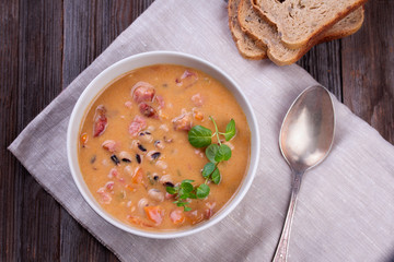 bowl of homemade bean soup with meat.