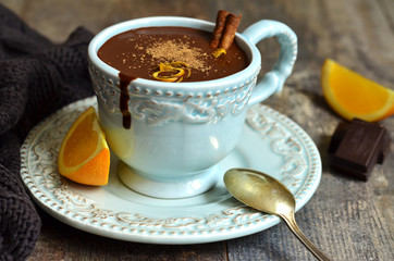 Homemade hot chocolate with orange and cinnamon.