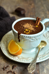 Homemade hot chocolate with orange and cinnamon.