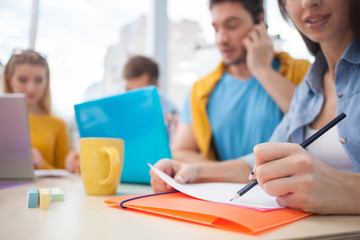 Experienced four colleagues in hard process of work