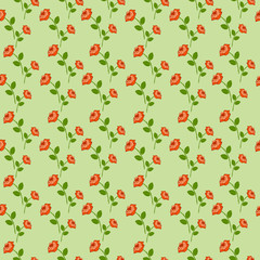Seamless vector pattern, floral symmetrical background with roses over green backdrop.