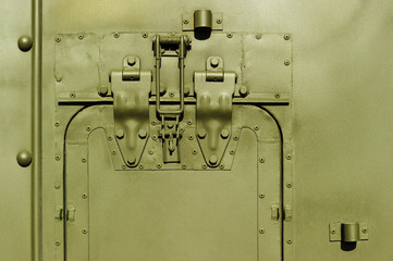 Military steel bodywork, green armored vehicle with door hinge, spring mechanism, rivets, bolts, detail, army industry 