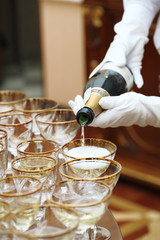 waiters in white gloves poured champagne glasses on the table