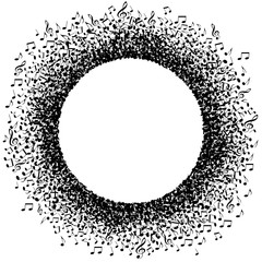 Musical notes buzz around a perfect circle with space for your text