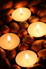 Nuts candles.
Hazelnuts, walnuts and pecan nuts with tea light candles.