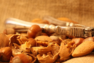 Fototapeta na wymiar Nuts nutcracker. Walnuts, hazelnuts and pecan nuts on a hessian background.