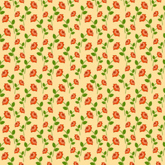 Seamless vector pattern, floral symmetrical background with roses over green backdrop.