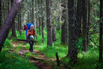 Obraz premium Company of young people are hiking in Altai mountains