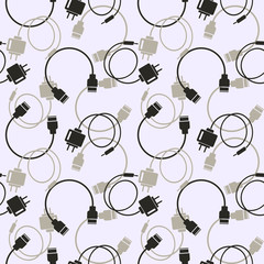 Seamless technology vector pattern, chaotic background with icons of usb cables and batteries, over light backdrop