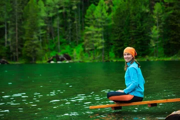 Foto op Canvas Woman is doing yoga excercises in Altai mountains © Maygutyak