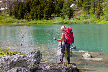 Young woman is hiking in forests of Siberia, Russia