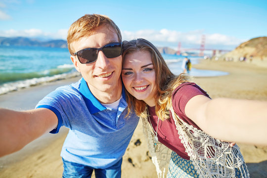 Romantic loving couple making selfie in San Francisco