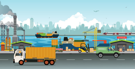 Naklejka premium Industrial warehouse with trucks and cargo ships.