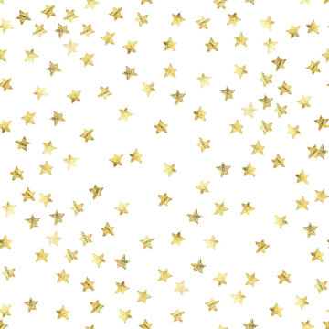 Golden stars confetti seamless background.