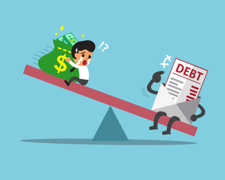 Cartoon scale between businessman and debt