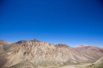 Aconcagua mountain peaks with clear blue sky. Argentina