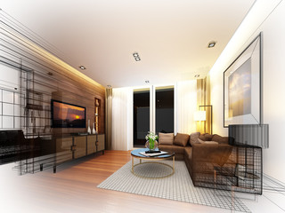 sketch design of living ,3dwire frame render