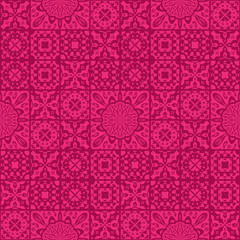 Vector seamless background of tiles decorated with patterns. Stylized flowers, geometric shapes. Pink abstract tile.