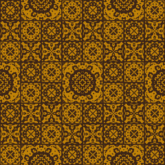 Vector seamless background of tiles decorated with patterns. Stylized flowers, geometric shapes. Brown abstract tile.