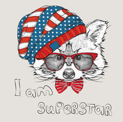 Hand draw raccoon in a USA hat. Vector illustration
