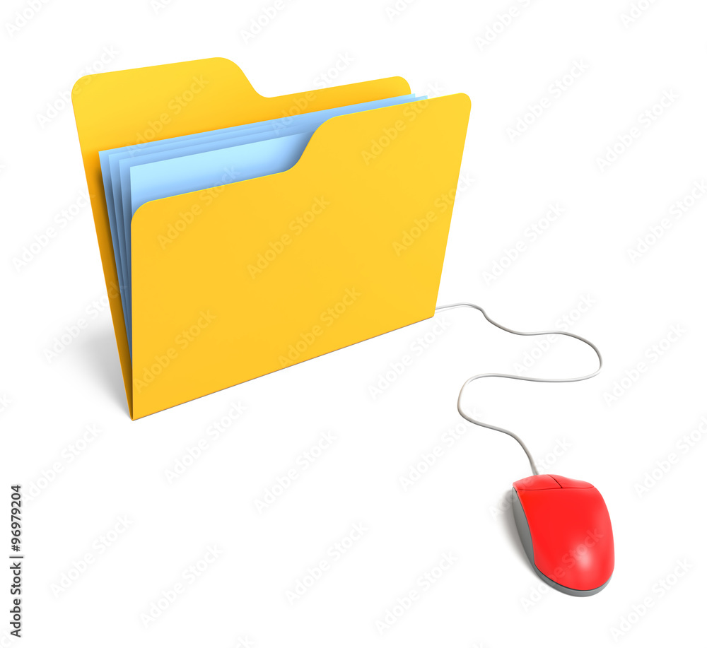 Poster yellow folder connected to mouse. 3d rendering