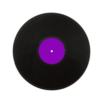 Single black long-play vinyl record with purple label isolated on white background. Square Photo closeup