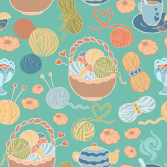 I love knitting! Fun seamless vector pattern for your design, scrapbook pages, blog, textile. Hand drawn yarn, ravel, teapot.