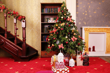 cozy home interior, with Christmas tree and New Year decoration