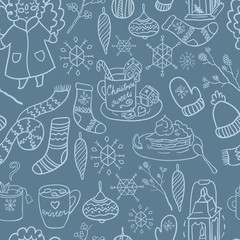 Winter fun hand drawn vector seamless pattern. Decorative traditional elements. Symbols of Christmas.